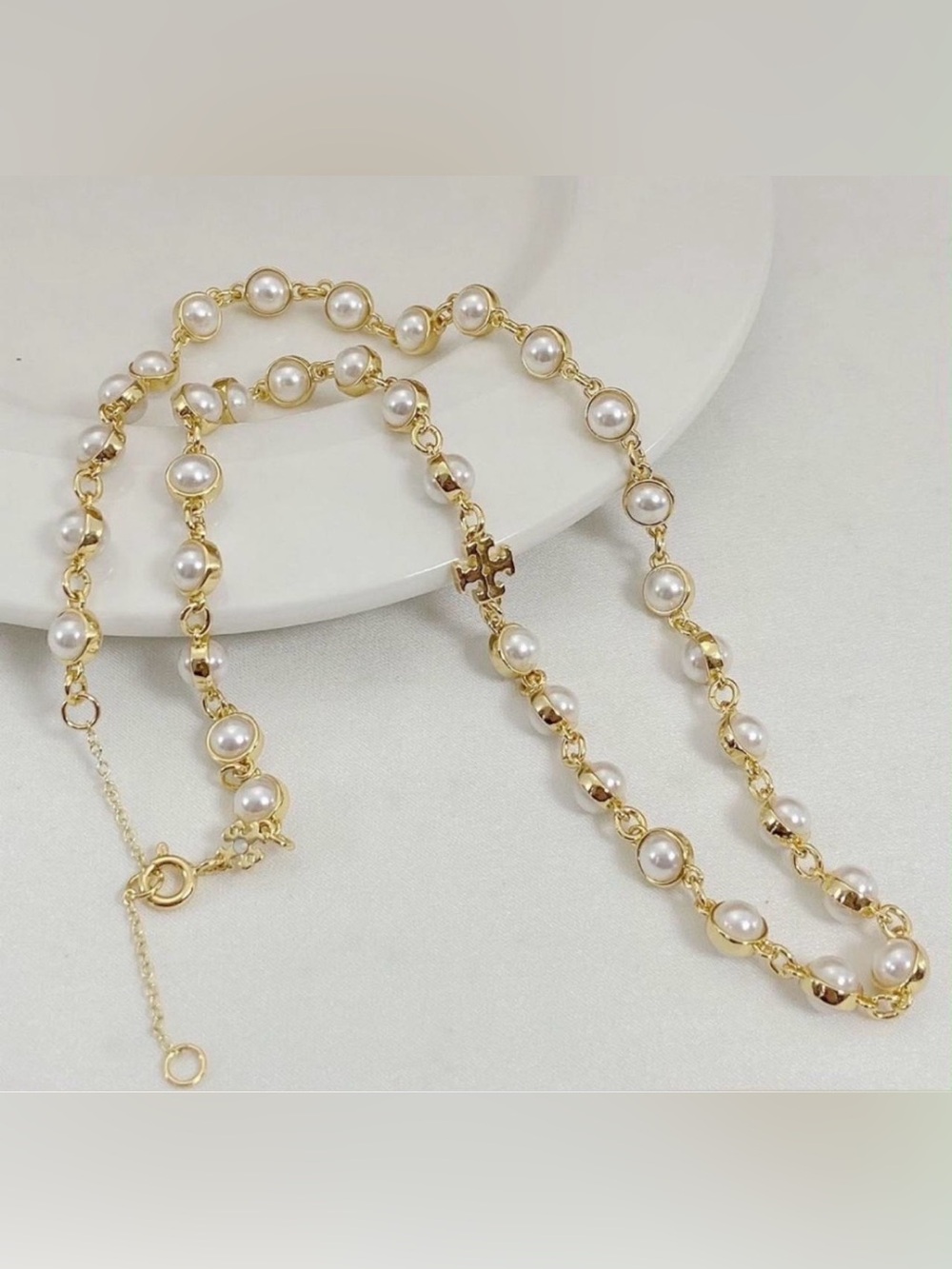 Tory Burch Gold Pearl Station Necklace with Logo Accent